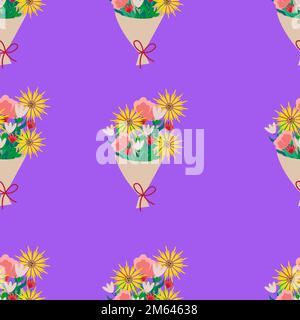 Bouquet of different flowers seamless pattern. Vector beige floral print in flat style Stock Vector