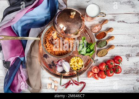 Presentation of traditional Turkish meat dishes. Turkish foods; lamb ...