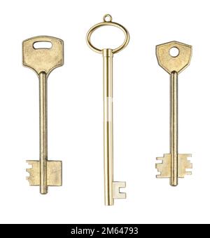 set of three brass house doors keys isolated on white background Stock Photo