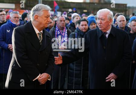 Celtic chief executive Peter Lawell (left) and with Rangers' Honorary Life President, John Greig ahead of moments silence in memory of those that died in Ibrox disaster, ahead of the cinch Premiership match at Ibrox Stadium, Glasgow. Picture date: Monday January 2, 2023. Stock Photo