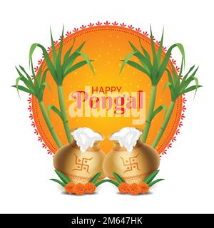 Happy Pongal Poster Vector Illustration. Traditional South India Festival. Sun Mandala, Sugarcane, rice pudding pot graphic background. Social media Stock Vector