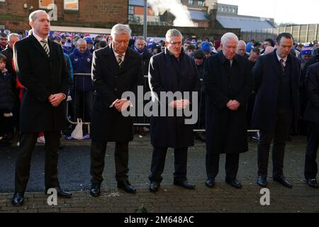 (left-right) Celtic CEO Michael Nicholson, Celtic chief executive Peter Lawell, Rangers Chairman Douglas Park (right) and Rangers' Honorary Life President, John Greig during a short service in memory of those who died in the Ibrox Disaster, 52 years ago today, ahead of the cinch Premiership match at Ibrox Stadium, Glasgow. Picture date: Monday January 2, 2023. Stock Photo