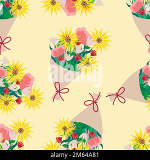 Bouquet of different flowers seamless pattern. Vector beige floral print in flat style Stock Vector