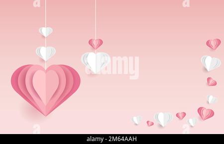 Pink background with flying hearts and glitter. Paper art Vector illustration. Paper cutout and handmade style. Graphics for advertising, love, friend Stock Vector
