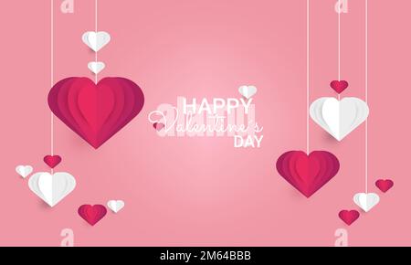 Pink background with paper hearts and text happy valentine's day . Paper art Vector illustration. Concept of love y happiness. Stock Vector