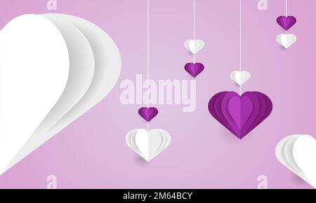 Background with purple and white hearts. Paper art Vector illustration. Paper cutout and handmade style. Concept of Love, woman, health in women. Stock Vector