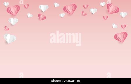 Many vector paper hearts, Frame of hearts on pink gradient background. Valentine's day, symbol of love. Stock Vector