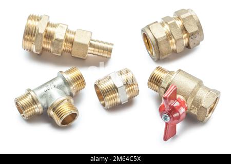 Plumbing Tools Brass Pipe Connectors Isolated On White Background Stock Photo