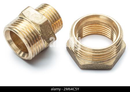 plumbing tools brass pipe connector isolated Stock Photo