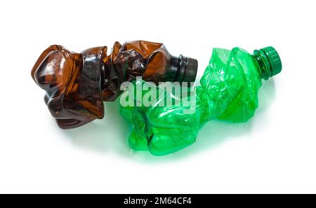 two crumpled plastic bottles garbage isolated Stock Photo