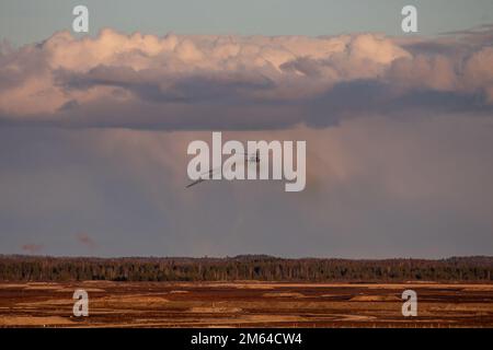 U.S. Army Cpt. Dylan J. Benit and Chief Warrant Officer 3 Robert Baxley, Apache Pilots, assigned to the 1-3rd Attack Battalion, 12th Combat Aviation Brigade engage a target during Gunnery Table V at Camp Adazi, Latvia, March 31, 2022. 12 CAB is among other units assigned to V Corps, America's Forward Deployed Corps in Europe that works alongside NATO Allies and regional security partners to provide combat-ready forces, execute joint and multinational training exercises, and retains command and control for all rotational and assigned units in the European Theater. Stock Photo