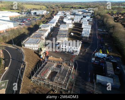 Aerial view of new build modular homes under construction on a former industrial brownfield site in Hereford for Stonewater by Ilke Homes January 2023 Stock Photo