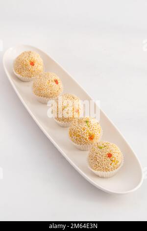 Winter Season Special Traditional Punjabi Mithai Til Bhugga Or Til Bugga Is Made Of Dry Roasted Sesame Seeds With Mava, Khoya, Jaggery, Mawa, Gud, Des Stock Photo