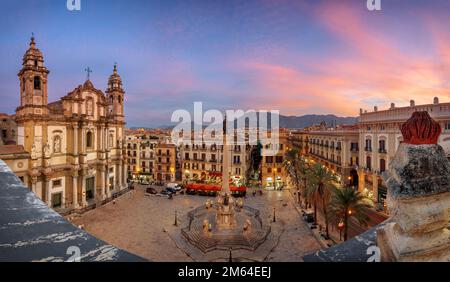Palermo, Italy cityscape and square at dusk.