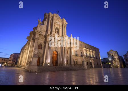 Cathedral of Syracuse in Syracuse, Sicily at twilight. Stock Photo