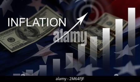 word inflation against background of graph chart of rising inflation rates. Inflation, tax, cash flow and another financial concept. Stock Photo
