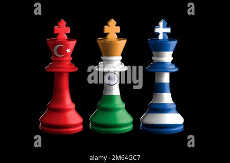 turkey, greece and india flags paint over on chess king. 3D illustration. Stock Photo