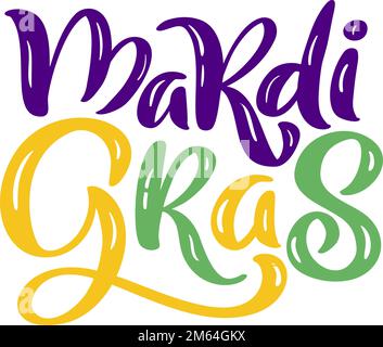 Vector lettering text for Mardi Gras carnival, filigree calligraphic font with traditional symbol of mardi gras fleur de lis, elegant fancy logo with Stock Vector
