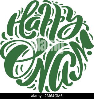 Happy Onam hand drawn lettering text in round frame. Indian holiday. Modern brush ink calligraphy. Vector colorful illustration for greeting card Stock Vector