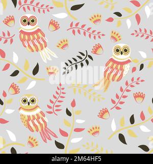 Cartoon owls, twigs and flowers, seamless vector pattern Stock Vector