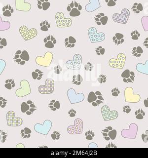 Black pet footprints and colorful hearts on white background, seamless pattern Stock Vector