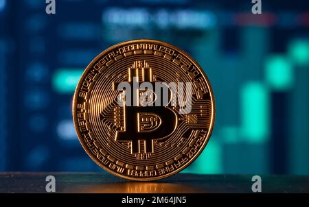 Cryptocurrency. Bitcoin Stock Growth. Chart shows a strong increase in the price of bitcoin. Investing in virtual assets. Investment platform with cha Stock Photo