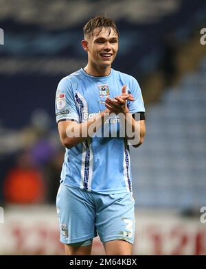 Coventry City's Callum Doyle applauds the fans after the game following the Sky Bet Championship match at the Coventry Building Society Arena, Coventry. Picture date: Sunday January 1, 2023. Stock Photo