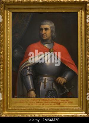Francisco Ramirez de Madrid (c. 1445-1501), the Artilleryman. Artillery General and Secretary to the Catholic Monarchs. He took part in the capture of Granada. Died fighting against the Muslims in Sierra Bermeja on 18 March 1501, where he had been commissioned by royal order to put down the uprising of the Mudejars of the Serrania de Ronda. Portrait by Jose Sanchez Pescador (1839-1887) in 1880. Oil on canvas. Army Museum. Toledo, Spain. Author: Jose Sanchez Pescador (1839-1887). Spanish painter. Stock Photo