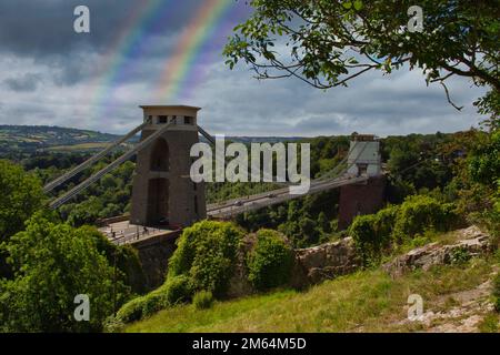 A wide angle view of the Clifton Suspension Bridge spanning the Avon Gorge in the city of Bristol, England, UK. Stock Photo