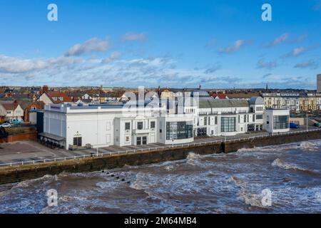 Bridlington Spa and resort on the east coast of Yorkshire England. Bridlington sea side town aerial view looking at the Spa and beach Stock Photo