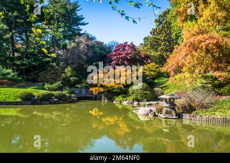 Japanese Hill-and-Pond Garden, Brooklyn Botanic Garden, founded in 1910,  New York City, USA Stock Photo