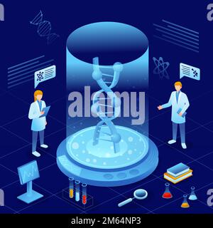 Genomics scene . Scientists are doing research in laboratory room . Genome therapy concept . Isometric design . Vector . Stock Vector