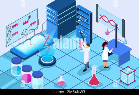 Genomics scene . Scientists are doing research in laboratory room . Genome therapy concept . Isometric design . Vector . Stock Vector