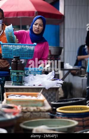 The traditional fish market, Pabean. Surabaya. Indonesia. January 2, 2023. Stock Photo