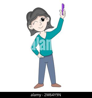 beautiful woman with short hair is taking a selfie with a cellphone Stock Vector