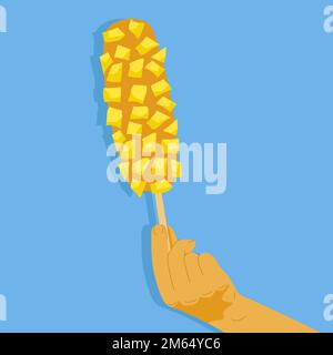 Human hand hold gamja hotdog on stick blue background. Korean street food french fries corndog. Sausage french fries potato on stick. Asian food snack Stock Vector
