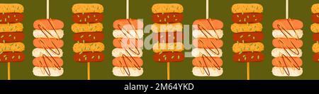 Korean street food banner. Horizontal seamless pattern from rice cake skewers sotteok sotteok snacks on sticks. Cute colorful asian dishes border. Vec Stock Vector