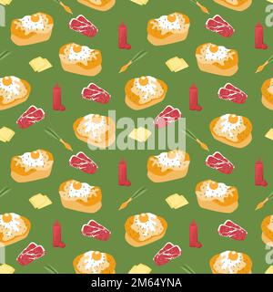 Korean street food seamless pattern. Egg bread gyeran ppang, ham, cheese, green onion, ketchup. Asian popular snack. Cute doodle background. Vector il Stock Vector