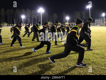 Members of the Virgin Islands National Guard conduct physical training every morning during annual training at Camp Shelby, Mississippi, April 2022. Physical training (PT) is important to the entire military because it maintains good health, helps keep members in shape and fit, and enables soldiers to be productive. Stock Photo