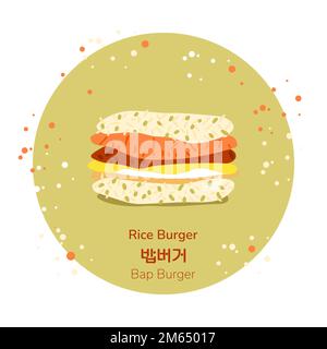 Traditional korean street food rice burger poster. Korean bap burger. Translation from korean rice burger. Asian food snack. Vector illustration. Stock Vector