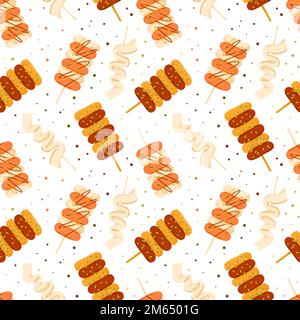 Korean street food seamless pattern. Rice cake skewers sotteok sotteok with sausages and rice. Asian snacks on sticks. Cute doodle background. Vector Stock Vector