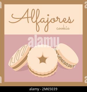 Latin american traditional alfajores cookie poster. Cute decoration for banner packaging cover menu postcard. Sweet cookie with milk jam different dec Stock Vector