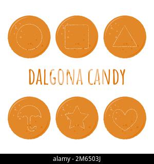 Dalgona candy set. Korean street food sweets. Sugar honeycomb with circle triangle square umbrella star heart pattern. Simple hand drawn flat style. V Stock Vector