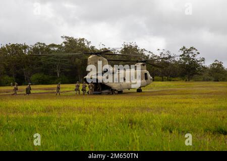 Hawaii Army National Guard Soldiers of Bravo Battery, 1st Battalion, 487th Field Artillery Regiment, 29th Infantry Brigade Combat Team boards the CH-47 Chinook at Schofield Barracks, Hawaii, April 2, 2022. The exercise simulated tactical insertion and extraction of field artillery assets. Stock Photo