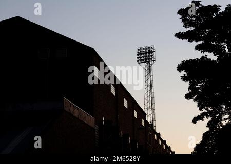 Silhouette at sunset of Pittodrie the home of Aberdeen Football Club, Scotland, UK, Europe Stock Photo