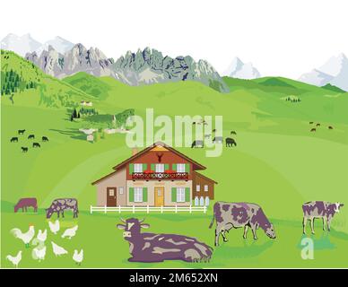 Mountain panorama with cows on the alp,  Illustration Stock Vector