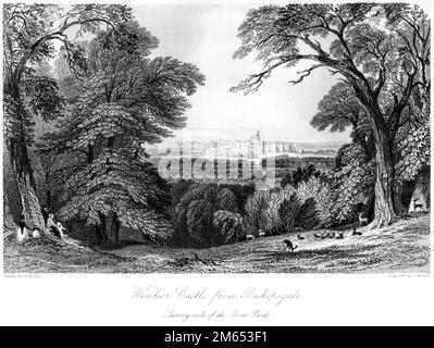 An engraving of Windsor Castle from Bishopsgate, Surrey side of the Great Park scanned at high resolution from a book printed in 1850. Stock Photo