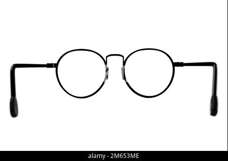 Round Glasses on isolated on white background. Black Eye glasses seen from back view. See through glasses. Black Eye Glasses Isolated On White Stock Photo