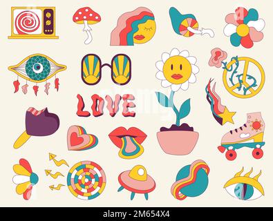 1970 vintage groovy love peace elements. 1960 retro hippie style. Positive psychedelic mushrooms dream catcher daisy rainbow hear, disco ball icecream Stock Vector