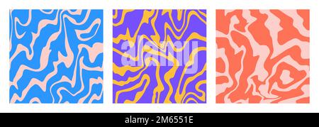 1970 retro groovy waves seamless pattern. Swirl psychedelic trippy textures set. Aesthetic electric inspired strips. Flowing liqiud fantasy marble bac Stock Vector